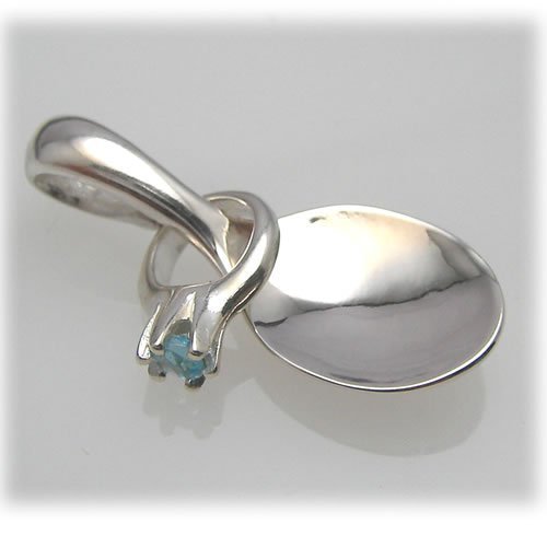 幸せの銀スプーンペンダント・シルバーベビーリング・チェーン付き♪flowstar フロースター・誕生石アクアマリン,出産祝い,銀のスプーン,