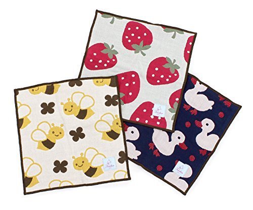 hiorie(ヒオリエ) ハンカチタオル 5重ガーゼ ハンカチ 【3枚セット】 日本製 ベビー ガーゼハンカチ 全3柄（ミツバチ・イチゴ・アヒル）,出産祝い,ガーゼタオル,