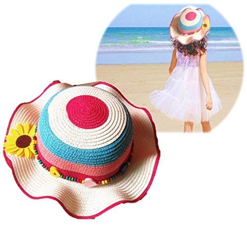 (cocokara) 麦わら帽子 ストローハット 子供 サマーハット 花 紫外線 つば広 あご紐付き 女の子 (ピンク×ブルー),キッズ,子供,麦わら帽子