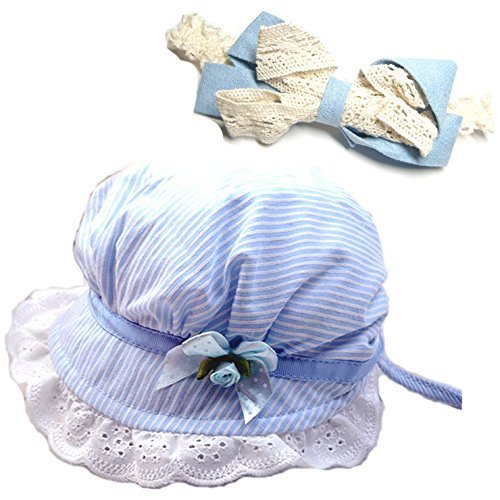 SARA STORE 赤ちゃん ベビー 男の子 女の子 帽子 退院 お出かけ お散歩 UV対策 日焼け対策 ヘアバンド セット (ブルー),ベビー,ヘッドアクセ,