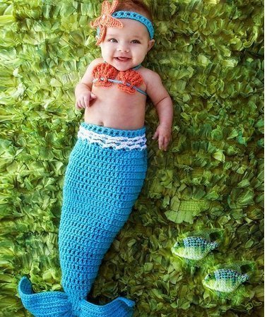 可愛い人魚 コスチューム 寝相アート マーメイド 衣装　着ぐるみ手編み感 ベビー服 ヘアバンド付き (オレンジ＋ブルー),ベビー,ヘッドアクセ,