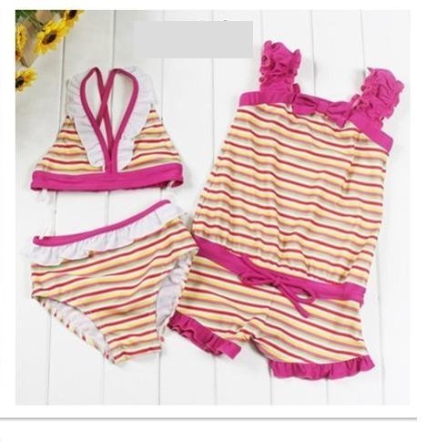 ビキニ ロンパース つなぎ　水着　子供 女の子　ボーダー柄　３点セット　各サイズ (130, レインボー×レッド),女の子,子供水着,