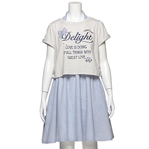 メゾピアノジュニア（mezzo piano junior） 【ニコプチ掲載商品】ロゴ刺しゅう入りTシャツ×ストライプ切り替えワンピースセット【サックス/150】,女の子　,人気,ファッション