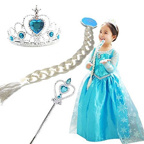 アナと雪の女王 子供用 コスプレ エルサ5点セット（手袋、ティアラ、三つと編み、ステッキ、ドレス） (青手袋5点セット(130)),子ども,キッズ,コスチューム