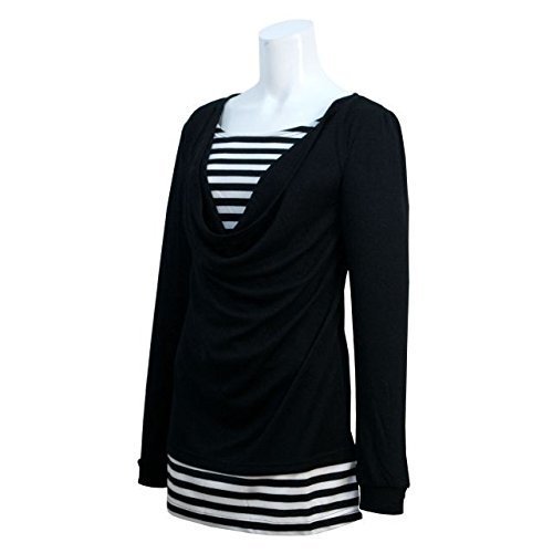 レディース 授乳服 長袖 Tシャツ 授乳口付き フェイクレイヤードボーダー 長袖 ブラック-M1625 M,授乳口付きトップス,選び方,おすすめ