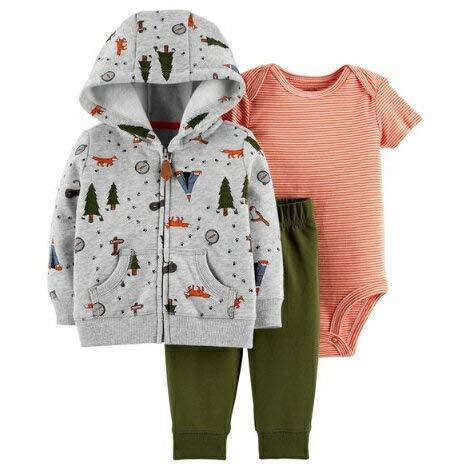 カーターズ Carter's 男の子用グレーキャンピング森のきつねさんフード付きジャケットxカーキコーデパンツ上下3点セット (12months(72-78cm)) [並行輸入品],ロンパース,