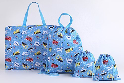 学童バッグ 3種 4点セット（レッスンバッグ×1 ナップサックコップ×1 巾着×2） えらべる2柄 (のりもの柄),レッスンバッグ,作り方,