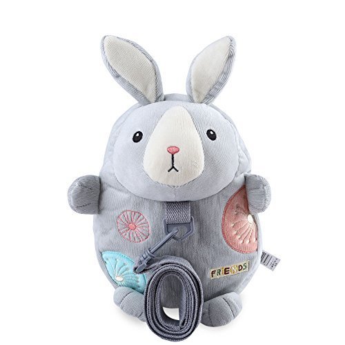 迷子防止リュック ハーネス リュック ひも リード付き ぬいぐるみ 3D可愛い動物設計 紛失防止 旅行 公園 アウトドア 学校 保育園 幼稚園 ベビー 幼児 キッズ 子供バック (グレー うさぎ),ベビーリュック,