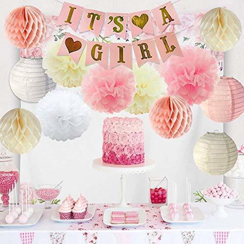 ベビーシャワー　飾り付け　可愛い　パーティー　デコレーション　ピンク　ローズゴールド　バルーン　風船　バナー　ペーパーフラワー　紙提灯　ハニカムボール　18枚セット,ベビーシャワー,