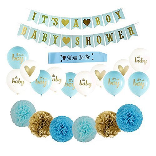 ベビーシャワー 飾り セット HooMall ギフトセット ハート 風船 デコレーション セット ベビーシャワー バルーン 風船 ガーランド 装飾 飾り セット出産祝い・ギフト・メモリアル 0ヵ月から 男女共用 赤ちゃん用のボール (紙の花のボールの10寸、旗の12 * 15 cm、風船の12寸, ブルー),ベビーシャワー,