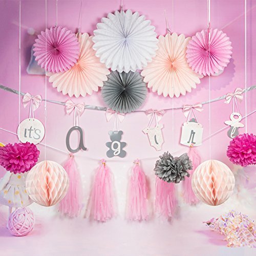 Easy Joy 誕生日/100日お祝い/ベビーシャワー 飾り付けセット 女の子 ピンク系【ペーパーファン ポンポンフラワー ハニカムボール】13点入,ベビーシャワー,