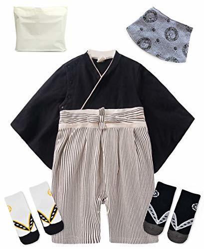 ギフトバッグ付き ベビー キッズ 袴風 カバーオール ロンパース 男の子 よだれかけ ソックス2足付き ブラック80 cm,初節句,