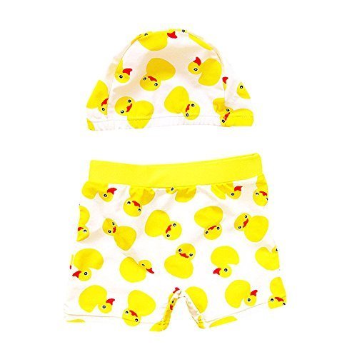 Tortor 1bacha(JP)　1-10歳水着　キッズ　男の子　ベビー水着　子供水着　セパレート　アヒル柄　夏もの　可愛い　ショートパンツ＋帽子付　キッズ　プール　海水浴　水泳　スイミングウェア　ウェストゴム　黄色い (S),赤ちゃん,水着,
