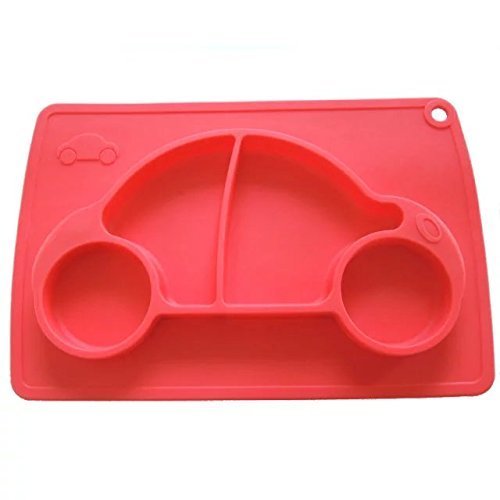 Kuke レッド　防水シリコン　吸盤付き　強い吸着力　かわいいカー形プレート　遊び食べ 離乳食 ベビー食器　ランチ皿　お食事マット　赤ちゃんミニマット　子供食器ベビー用品,離乳食食器,