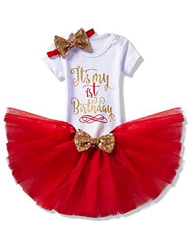 NNJXD 女の子・新生児・「It's My 1st Birthday」（これは私の1歳の誕生日） 3 枚/4 枚･服装・ロンパース+スカート+ヘッドバンド(+レギンス)サイズ(1) 1歳 レッド,1歳誕生日,