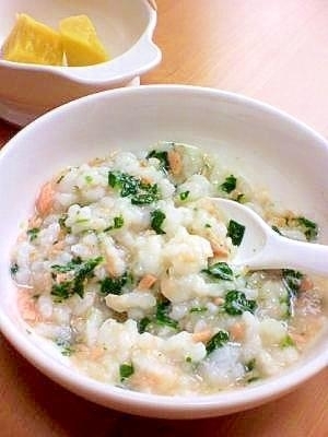 【離乳食・後期】鮭とほうれん草の胡麻風味がゆ,離乳食,ごま,