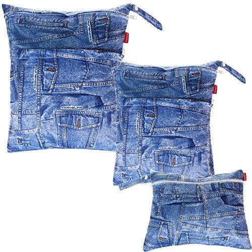 Damero 3点セット 可愛い ウェットバック(防水バッグ) おむつポーチ 温泉ポーチ スポーツバッグ オムツ 着替え タオル 水着 お風呂用品 食事セット入れ 多機能収納バッグ（デニム）,おむつポーチ,