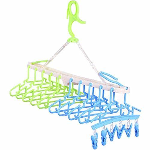 Sutekus赤ちゃん10連ハンガー キッズ ベビーハンガー ハンガーラック 洗濯ハンガー 折り畳み 取り外し10連ハンガー(グリーン＆ブルークリップ付き),双子育児,