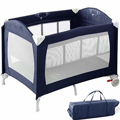 RiZKiZ ベビーサークル/プレイヤード バシネット付き ネイビーブルー 2WAY 4面メッシュ キャスター 折りたたみ 収納 赤ちゃん おむつ台 ベッド フェンス,双子育児,