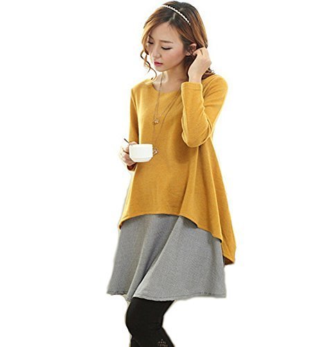 (ディーコッテ) D'Kotte レディース マタニティー 長袖 チュニック ワンピース 重ね着 風 秋 冬 141119-1(イエロー-l),出産,退院,服装