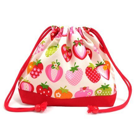 ごきげんランチの巾着（中サイズ）・マチ付お弁当袋　スイートストロベリーコレクション（アイボリー）×オックス・赤　日本製　N3474500,お弁当袋,作り方,