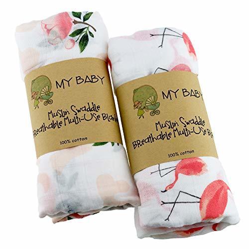 おくるみ ベビーブランケット 2枚セット スワドル ガーゼ改良 120x120cm モスリンコットン 授乳ケープ プレイマットガーゼタオル 赤ちゃん 新生児 出産祝いにおすすめ 保温 吸水 速乾 フラミンゴ ローズ ピンク Ciilee Baby,赤ちゃん,ガーゼ,