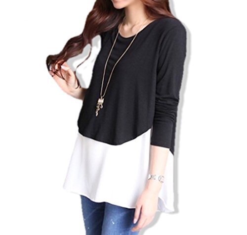 hanano 授乳服 産前 産後 妊婦用 レイヤード 重ね着風 マタニティ トップス 授乳口付 フリーサイズ (ブラック＆ホワイト),マタニティ,トップス,おすすめ