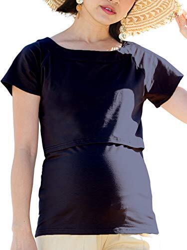 Sweet Mommy マタニティトップス 授乳服 Tシャツ デコルテすっきり ストレッチコットン ラグラン 袖丈選べる ネイビー 半袖・L,マタニティ,トップス,おすすめ