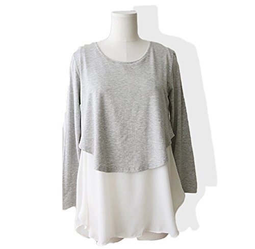 hanano 授乳服 産前 産後 妊婦用 レイヤード 重ね着風 マタニティ トップス 授乳口付 フリーサイズ (グレー＆ホワイト),マタニティ,トップス,おすすめ