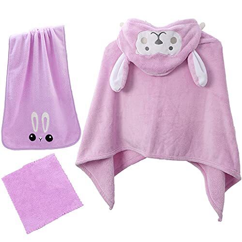 PITHECUS バスローブ 出産祝い フード付き アニマル 動物柄 ポンチョ 子供 ベビー キッズ セット ふわふわ 瞬間吸水 抗菌防臭 寝冷え防止 お祝い ギフト (パープル),ベビー,バスローブ,
