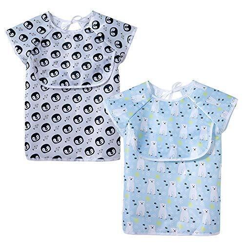 お食事エプロン 半袖 お食事ベビーエプロン 赤ちゃん 食事用 防水エプロン 立体ポケット 軽量 速乾 子供用 ポケット付き 幼児 保育園用 幼稚園用1-3歳 (黒&青),離乳食,エプロン,