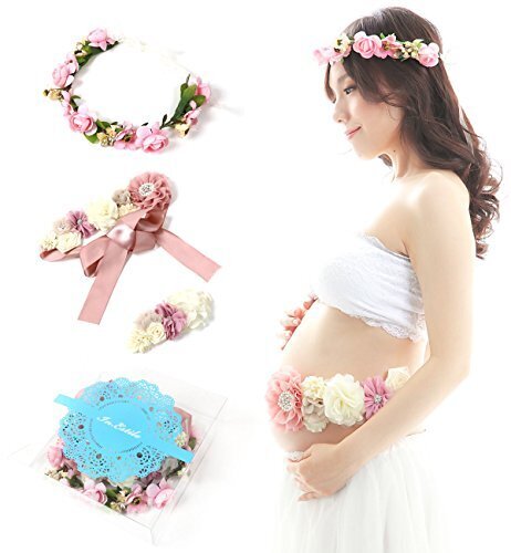 優美でシックな マタニティフォト撮影用小物３点セット（サッシュリボンベルト、花冠、ベビー ヘアバンド）綺麗に保管できるIN.ESTILO®収納ケース (ラセット),マタニティフォト,小物,