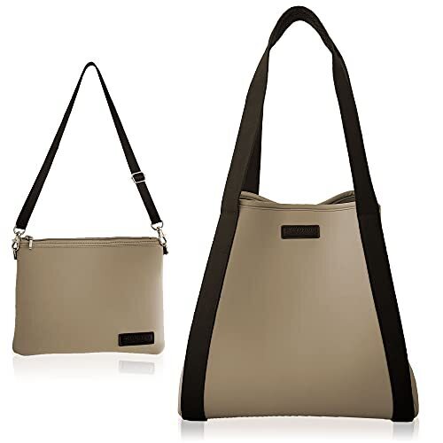 Sweet Mommy マザーズバッグ トート サコッシュ ネオプレーン 丸洗いできる 2点セット 大容量 超軽量 490g ふわふわショルダーパッド ショルダーバッグ 防水 速乾 ママバッグ ベビーに優しい樹脂ファスナー ママパパ兼用 [PRETTY] グレージュ,マタニティ,バッグ,