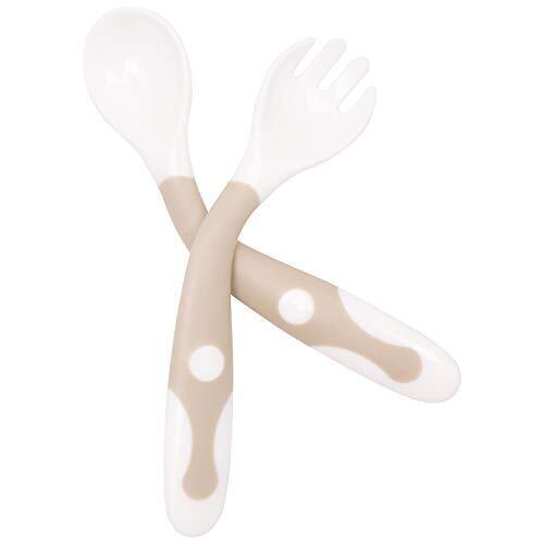 Qshare赤ちゃん用スプーンフォークセット 把持して曲げる機能 幼児用スプーンフォークケース付き 握りやすい 離乳食 訓練 自分で食べる ベビースプーン (グレー),子供,スプーン,フォーク