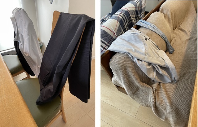 衣類がかかった椅子とソファ,