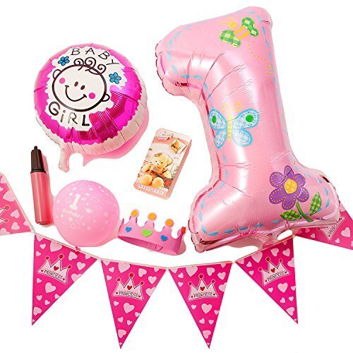 (ADOSSY) 誕生日 パーティ 誕生日会 飾り付け デコレーション 飾り 1歳 ファースト バースデー ポシェット付き (11点 セット, ピンク),1歳,誕生日,祝い