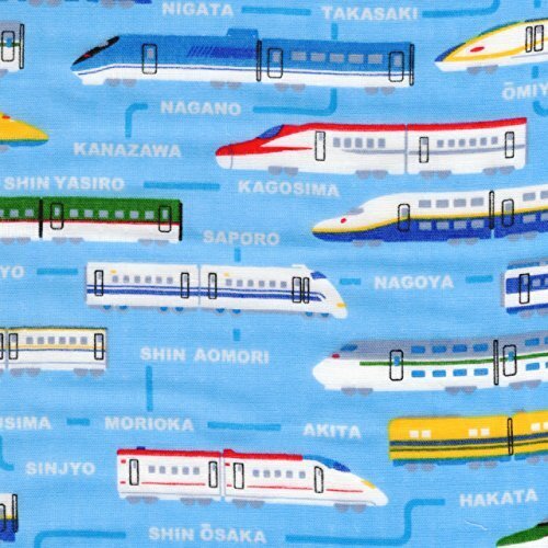 【綿二重ガーゼ・ダブルガーゼ プリント】新幹線(Wガーゼ ヴァージョン) 4色あります 1m単位で切り売りいたします (サックスブルー系),手作り,マスク,