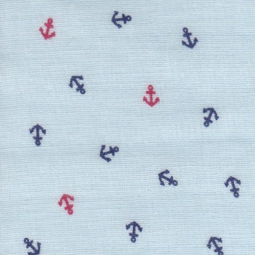 【綿二重ガーゼ・ダブルガーゼプリント】お船のイカリ 4色あります 1m単位で切り売りいたします (サックスブルー),手作り,マスク,