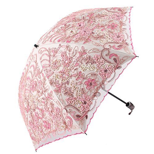 Honeystore 日傘 折りたたみ レース日傘 立体的な花柄 細工刺繍 二重張り UVカット 100 ピンク,UVカット,日傘,