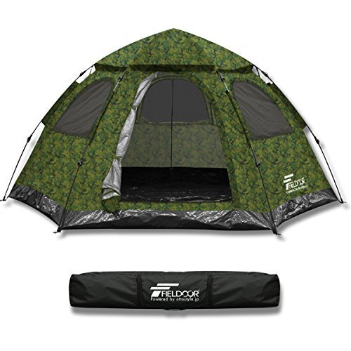 FIELDOOR ワンタッチテント 5人用ヘキサゴンタイプ 幅305cm×奥行240cm×高さ145cm 【カモフラージュ】 (紐を引くだけの簡単設営！),ワンタッチテント,おすすめ,