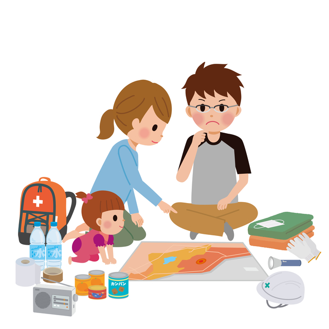 防災について考える赤ちゃんづれ家族のイラスト,防災グッズ,赤ちゃん,