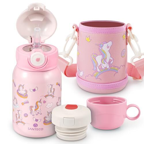 SANTECO 水筒 MARA 魔法瓶 450ML 子供用 ストロー付き 直飲み 2Wayタイプ スポーツドリンク対応 炭酸対応 保冷 保温 真空断熱 広口 316ステンレススチール おしゃれ 可愛い 子ども 小学生 キッズ 男の子 女の子 ユニコーン,幼稚園,水筒,