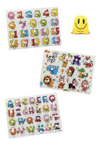 B.H. Select 型あわせ パズル 3枚セット 数字 アルファベット 野菜 くだもの 動物 のりもの パズル かたはめ 木のおもちゃ かわいい スマイル おかたづけ袋 セット 知育玩具 図形認識力 を育む JOY@Shape Puzzle (Bセット（数字・アルファベット) BH104-2,1歳,おもちゃ,