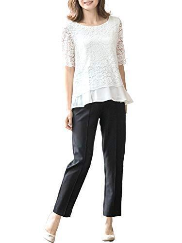 Sweet Mommy マタニティボトム オフィス お宮参り 授乳トップス セットアップ レーシーレイヤード×テーパード 上下2点セット スーツ [5分袖]L ホワイト×ブラック,お宮参り,