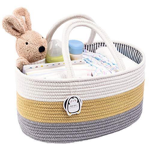 おむつストッカー オムツ収納ケース コットンロープ バスケット ベビー用品 手作り 多機能 収納ボクス 折りたたみ 赤ちゃん カゴ おもちゃ小物入れ (ホワイト&イェロー&グレー),おむつストッカー,