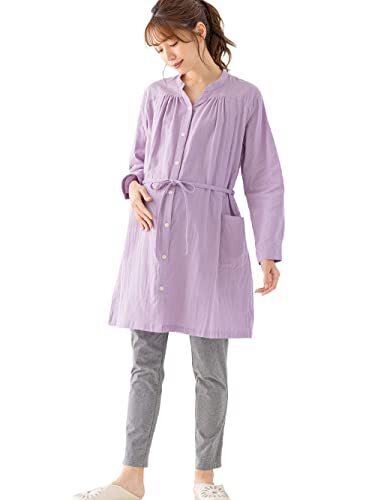 [ANGELIEBE エンジェリーベ] マタニティ 前開き パジャマ Ｗガーゼ スリットネック 長袖 ワンピ ＆ 産後 も使える レギンス 上下セット 授乳 入院 フリー パープル 10182100,マタニティパジャマ,パジャマ,
