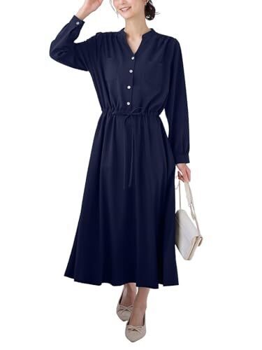 [ANGELIEBE エンジェリーベ] マタニティ 授乳服 ワンピース 出産後も長く使える ギャザーシャツ ワンピ 産前 産後 妊婦服 長袖 M-L ダークネイビー,授乳,ワンピース,お宮参り