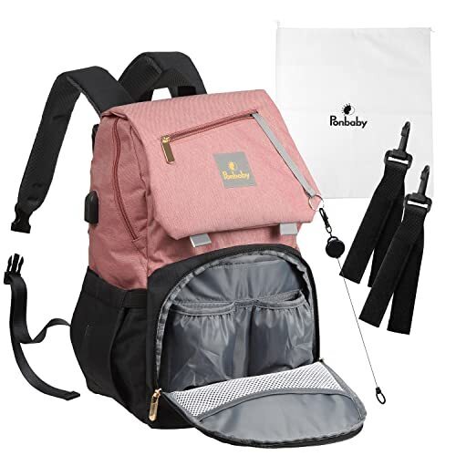 [Ponbaby] マザーズリュック ベーシックモデル (大容量 / 16のポケット) マザーズバッグ リュック 軽量 多機能 USBポート付き 出産祝い プレゼント (ピンク×ブラック【ベーシックモデル】),ママバッグ,人気,