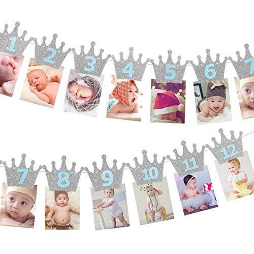 Kingsie ガーランド 誕生日 バナー クラウン キラキラ 写真クリップ 1歳 12月 誕生日飾り 壁飾り パーテイ飾り (シルバー＆ブルー),1歳誕生日,写真,