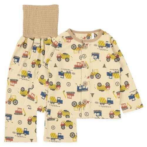 [SANTOWA] [サントーワ] キッズ パジャマ 長袖 男の子 腹巻付き ルームウェア 前開き スムース 総柄 車 動物 プリント 子供パジャマ 子供服 上下セット ベビー 2点セット [ 80-130cm ] A：クルマ/モカ 110cm,3歳,できること,